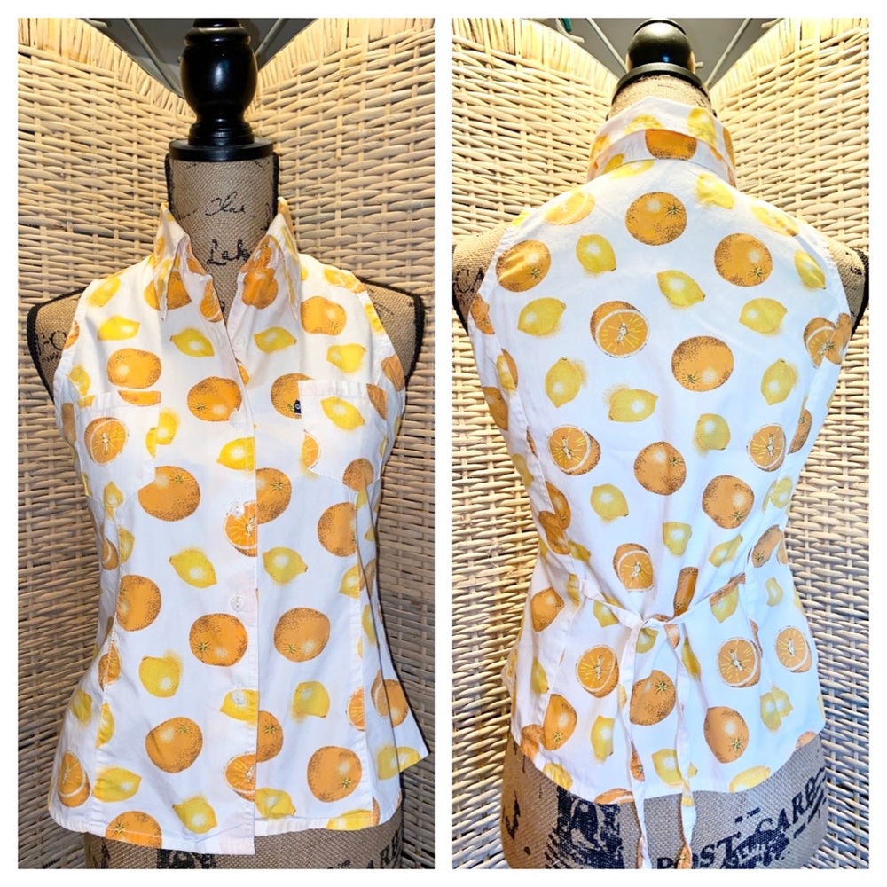 VTG HARK SHIRT CITRUS FRUIT SLEEVELESS COTTON VINTAGE WHITE ORANGE YELLOW XS
